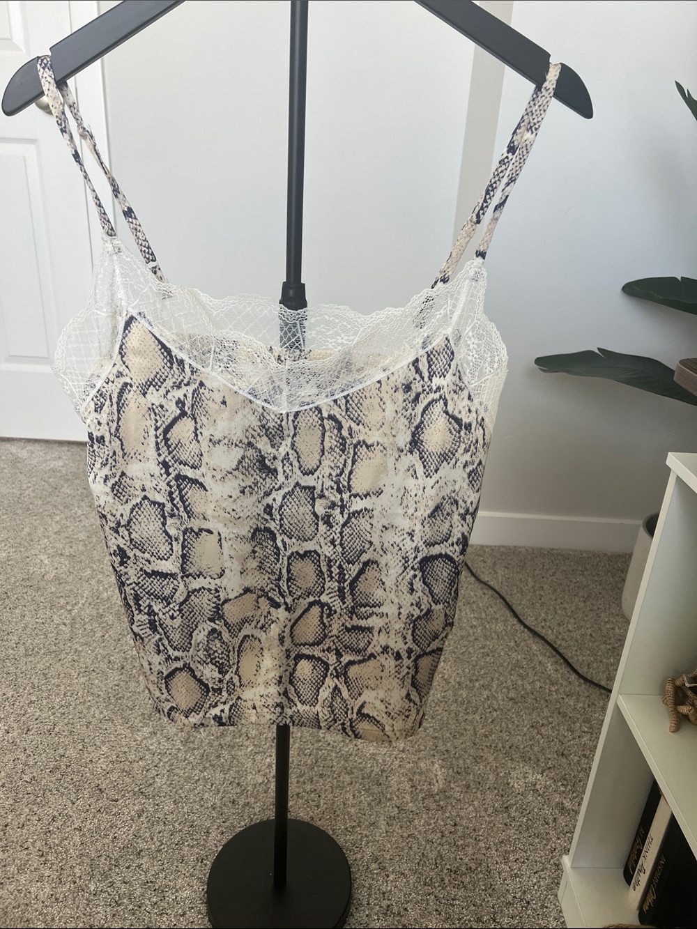 Snake Print Lace Trim Cami in Cream and Black